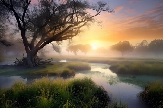 PC0001148 beautiful wetland at sunrise wallpaper, night photography, baroque art style, high resolution, clean detailed