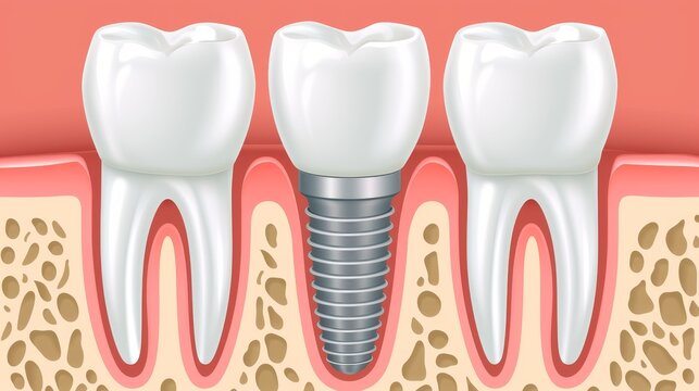 Illustrated sequence of tooth implant process with space for explanatory text and captions