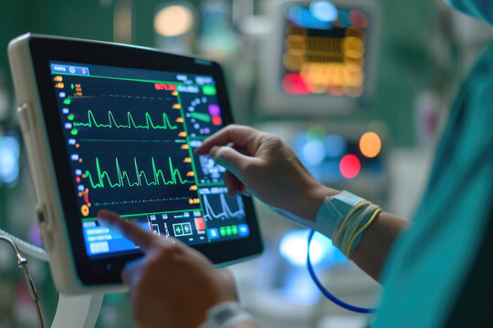 A person is seen using a tablet computer in a hospital. This image can be used to illustrate technology in healthcare settings