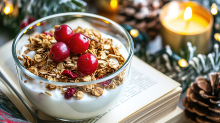 A delicious bowl of granola topped with fresh cherries, placed on top of a book. Perfect for illustrating a healthy breakfast or snack option.