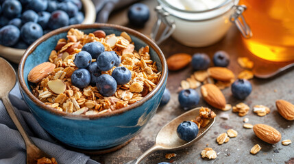 Fototapeta na wymiar A delicious bowl of granola topped with fresh blueberries and crunchy almonds. Perfect for a healthy breakfast or snack
