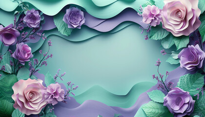 Beautiful Postcart with copy space. Frame of Paper Flowers and green leaves composition. Pastel mint lavender template background