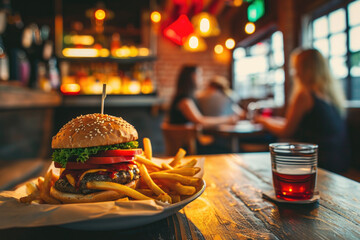 A delicious burger and fries placed on a plate. Perfect for food enthusiasts and restaurant promotions