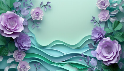 Beautiful Postcart with copy space. Frame of Paper Flowers and green leaves composition. Pastel mint lavender template background
