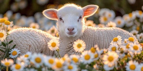 A Young Lamb Nestled Amongst Daisies in a Pastoral Meadow, Basking in the Golden Glow of the Setting Sun, Generative AI