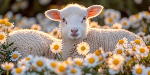 Fototapeta premium A Young Lamb Nestled Amongst Daisies in a Pastoral Meadow, Basking in the Golden Glow of the Setting Sun, Generative AI