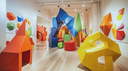 Abstract sculpture installation with interactive shapes, inviting viewers to engage with the artwork