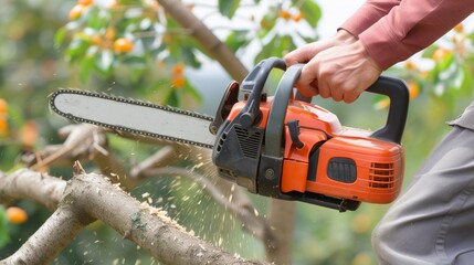 Fototapeta premium Close up of construction worker cutting trees with portable gasoline chainsaw in forest environment