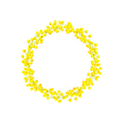 Watercolor mimosa wreath isolated on transparent background. Round frame of yellow spring flowers. Hand drawn botanical illustration. For packaging, postcards, printing, invitations, business cards