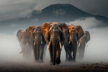 A group of elephants walking across a dirt field. Perfect for nature and wildlife projects - obrazy, fototapety, plakaty