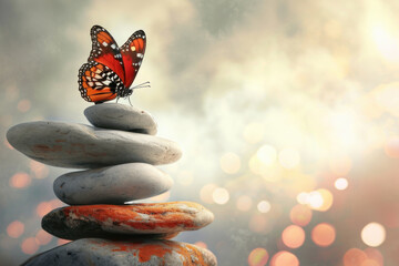 Fototapeta na wymiar Butterfly on Pile of Rocks