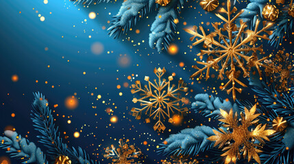 Fototapeta na wymiar Blue and Gold Christmas Background with Snowflakes