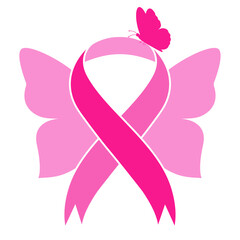 Breast cancer awareness ribbon and butterfly isolated on white background.