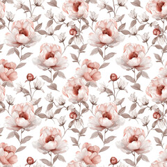 Seamless pattern of delicate blooming peonies in pastel colors on a white background. Imitation of a watercolor drawing. Design for wallpaper, posters, cards, wrapping paper and textile products.