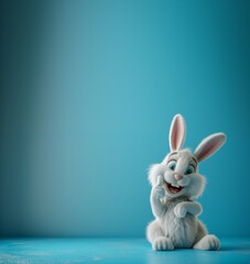 Adorable 3D Animated Rabbit / easter bunny on Light Blue Background / copyspace
