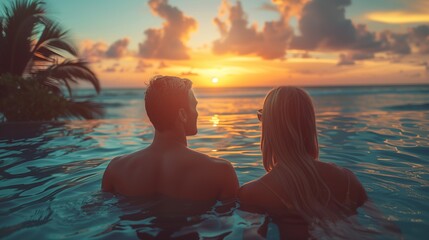 Couple Admiring Sunset from Infinity Pool in Tropical Paradise