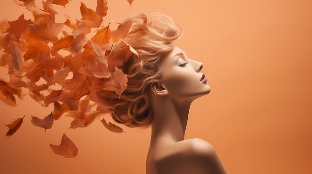Portrait of a woman with hair and autumn leaves illustration art