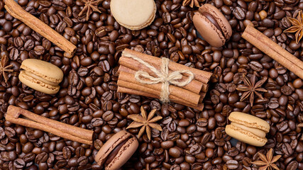 Roasted coffee beans, cinnamon sticks and star anise