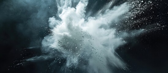 Capture still image of white dust explosion on dark backdrop.