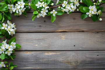 Wooden Background with White Flowers and Green Leaves