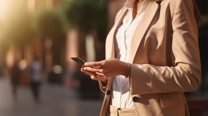 Close up of a unrecognizable business woman using a smartphone outside