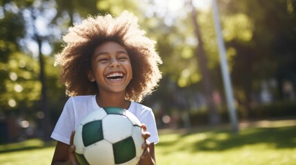 Happy young african american black girl holding a soccer ball - Powered by Adobe