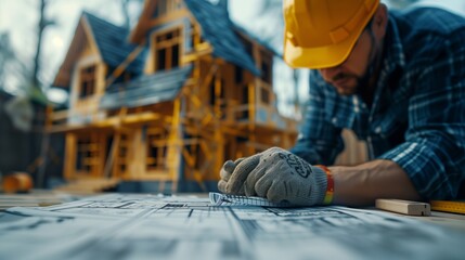 Construction Worker Analyzing Building Plans while house is in construction in the background