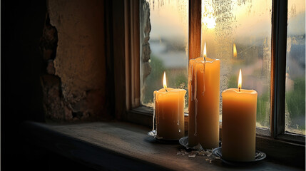 Three Lit Candles on Window Sill