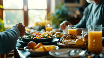 Healthy breakfast on a table, representing nutrition, morning routine, family, and well-being.