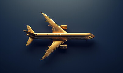 Golden Luxury Airplane, Opulent High-End Air Travel Concept Jet on a Blue Background