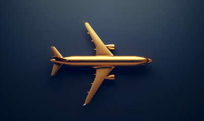 Golden Luxury Airplane, Opulent High-End Air Travel Concept Jet on a Blue Background