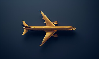 Golden Luxury Airplane, Opulent High-End Air Travel Concept Jet on a Blue Background