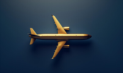 Golden Luxury Airplane, Opulent High-End Air Travel Concept Jet on a Blue Background