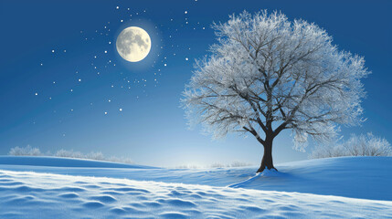 Snowy Field with Full Moon and Tree