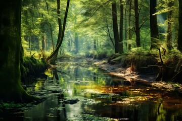 Fototapeta na wymiar Secluded Pond calm forest water. Plant spring. Generate Ai
