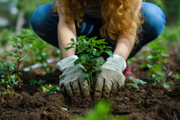 Woman Kneeling and Holding Plant