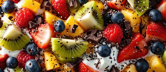Fruit salad with a variety of fruits, yogurt, and chocolate toppings. - obrazy, fototapety, plakaty