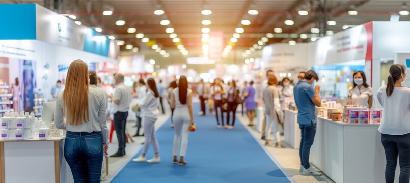 Business executives viewing exhibition from behind with blurred background and copy space for text