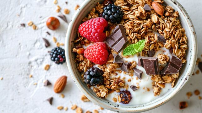 Bowl of Granola with Berries and Chocolate