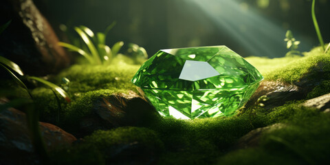 emerald gem on moss background with nature on the background, generative AI