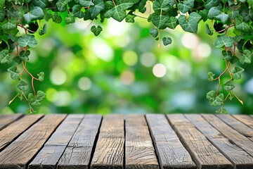Wooden Table with Green Ivy Leaves