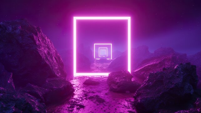 3d render, abstract cloud illuminated with neon light ring on dark night sky. Glowing geometric shape, frame