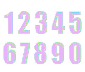 Numbers from 0 to 9 isolated on a white background, holographic text. Sparkling glow in blue and pink tones