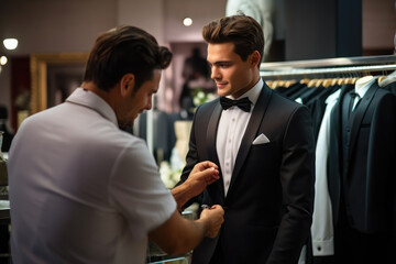 Young man tries an elegant black wedding suit of the groom in the men’s costume salon. Sales man helps - obrazy, fototapety, plakaty