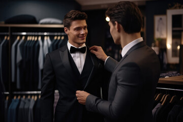 Young man tries an elegant black wedding suit of the groom in the men’s costume salon. - obrazy, fototapety, plakaty