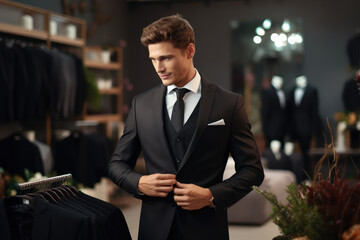 Young man tries an elegant black wedding suit of the groom in the men’s costume salon. - obrazy, fototapety, plakaty