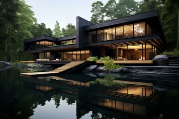 Fototapeta premium Grand Pond flower mansion nature. Water garden. Generate Ai