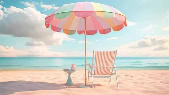 Cute color of umbrella and beach chair at summer tropical beach background.