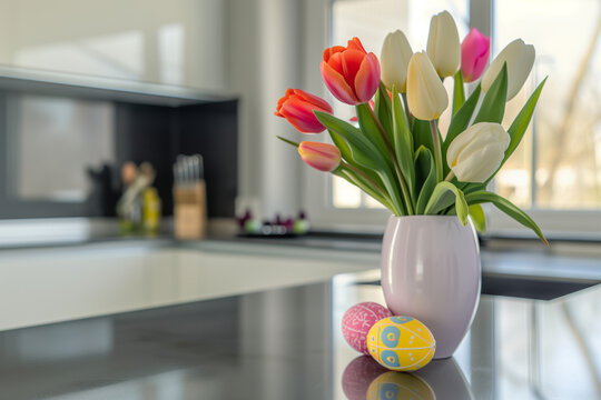 Easter themed tulip bouquet in a modern kitchen setting