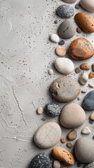 A collection of pebble stones arranged on top of a sandy beach, creating an interesting composition.